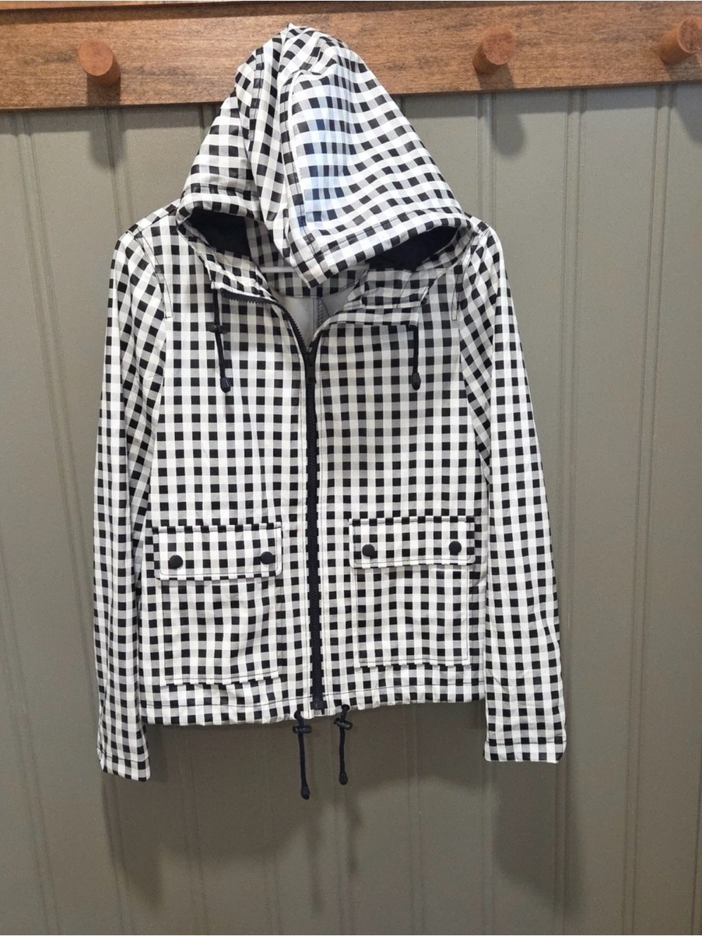 CoffeeShop Black and White Gingham Utility Jacket with Hood